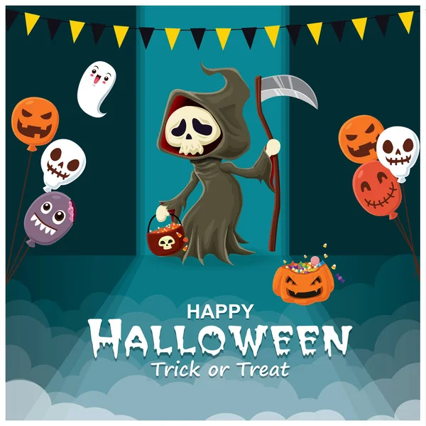 Desain Poster Halloween Klasik Dengan Karakter Vektor Reaper - Stok Vektor