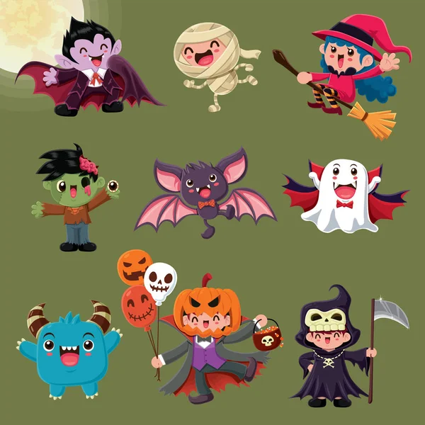 Vintage Halloween Poster Design Avec Vampire Vecteur Momie Sorcière Zombie — Image vectorielle