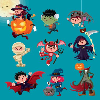 Vintage Halloween poster tasarımı vektör vampir, Anne, cadı, zombi, yarasa, hayalet, iblis, Jack O Lantern, ölüm meleği, canavar karakter.  