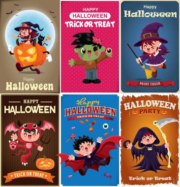 Vintage Halloween poster tasarımı vektör vampir, cadı, zombi, yarasa, hayalet, iblis, Jack O Lantern, ölüm meleği, canavar karakter.  