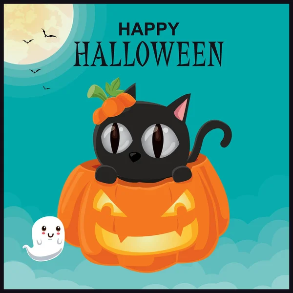 Diseño Póster Halloween Vintage Con Gato Vector Jack Linterna Carácter — Archivo Imágenes Vectoriales