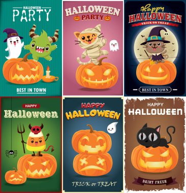 Vintage Halloween poster tasarımı vektör cadı, Anne, kedi, örümcek, yarasa ve hayalet karakteri ile. 
