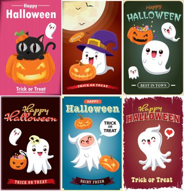 Vintage Halloween poster tasarımı vektör cadı, yarasa, hayalet, kedi, iblis, Jack O Lantern, canavar karakter.  