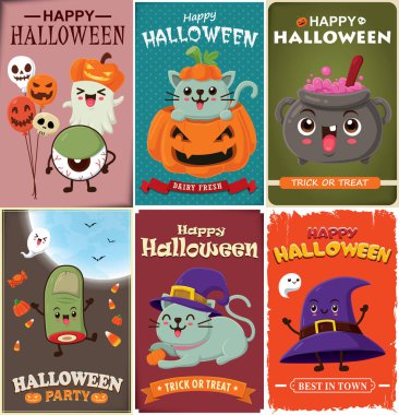 Vintage Halloween poster tasarımı vektör cadı, zombi, yarasa, hayalet, kedi, iblis, göz küresi, Jack O fener, iksir potmonster karakter.