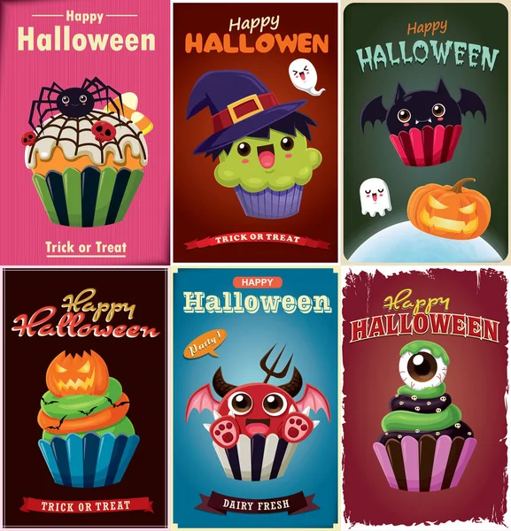 Vintage Halloween Poster Design Vector Witch Spider Bat Eyeball Cupcake — Stock Vector