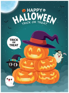 Vintage Halloween poster tasarımı vektör cadı, vampir, Anne, zombi, ölüm meleği, Jack O Lantern, kabak karakter. 