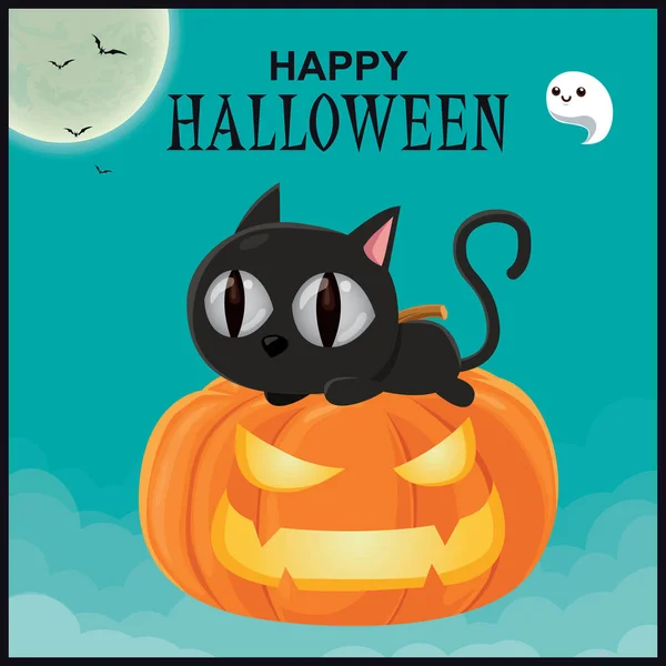 Vintage Halloween Affisch Design Med Vektor Katt Jack Lantern Pumpa — Stock vektor