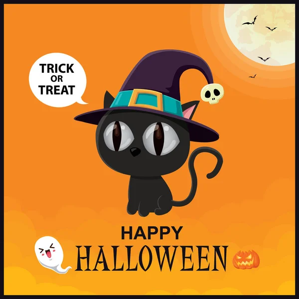 Design Poster Vintage Halloween Pisică Vectorială Pălărie Vrăjitoare Jack Lantern — Vector de stoc