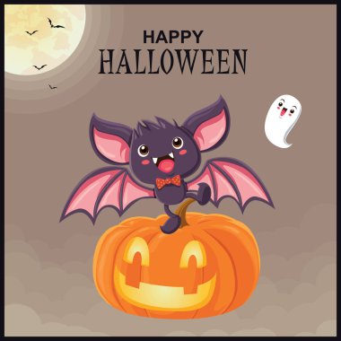 Vintage Halloween poster tasarımı vektör yarasa ve hayalet karakteri ile. 