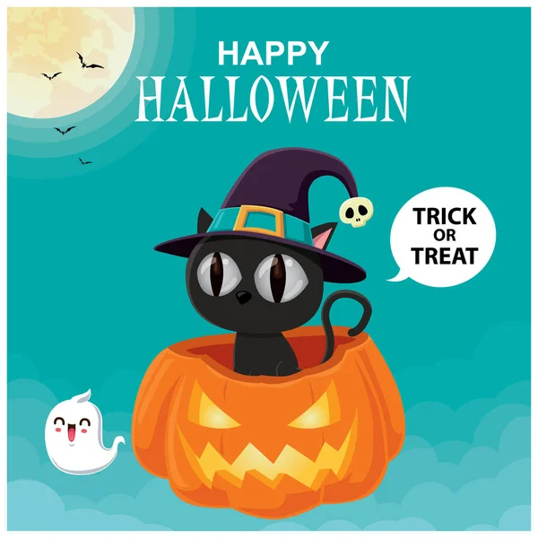 Vintage Halloween Poster Ontwerp Met Vector Kat Jack Lantern Pompoen — Stockvector