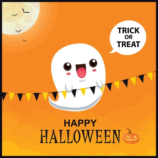 Desain Poster Halloween Kuno Dengan Karakter Hantu Vektor - Stok Vektor