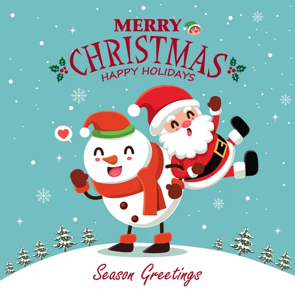 Vintage Christmas Poster Design Vector Santa Claus Snowman Characters — Stock Vector