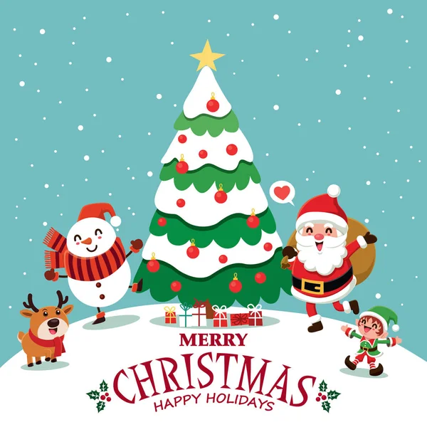 Винтажный Дизайн Рождественского Плаката Векторными Оленями Санта Клаусом Снеговиком Эльфийскими — стоковый вектор