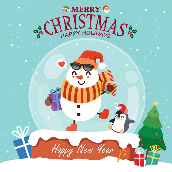 Винтажный Дизайн Рождественского Плаката Векторными Оленями Санта Клаусом Снеговиком Эльфом — стоковый вектор