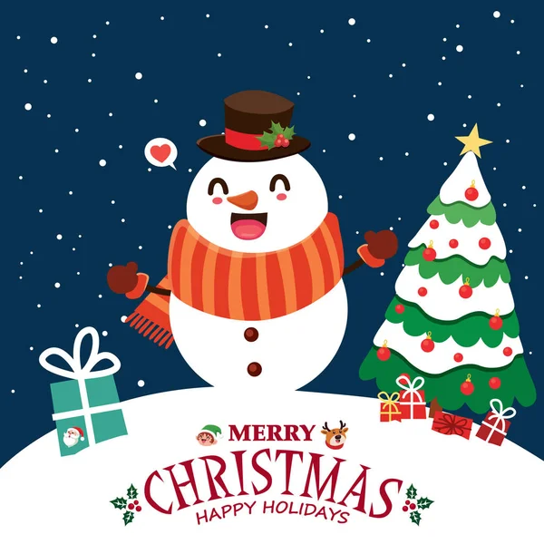 Vintage Christmas Poster Design Vector Reindeer Santa Claus Elf Snowman — Stock Vector
