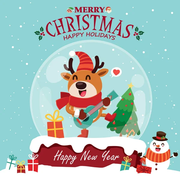 Винтажный Рождественский Плакат Санта Клаусом Мбаппе Снеговиком Оленьими Персонажами — стоковый вектор