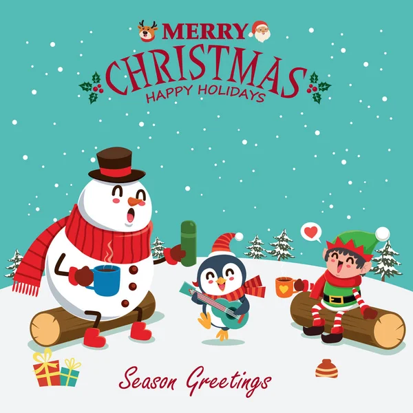 Винтажный Рождественский Плакат Персонажами Санта Клауса Мбаппе Снеговика Пингвина Оленя — стоковый вектор