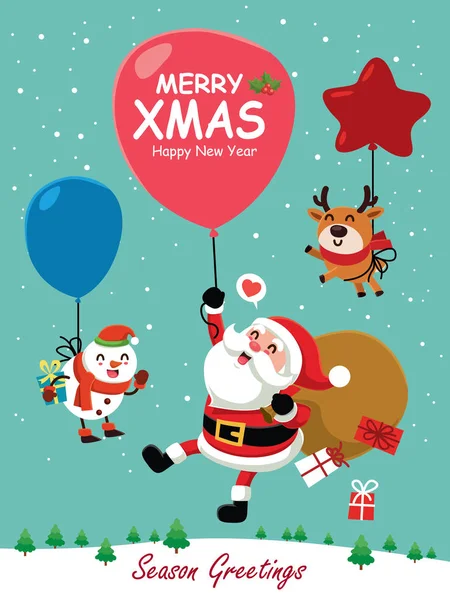 Vintage Christmas Poster Design Vector Santa Claus Snowman Reindeer Characters — Stock Vector