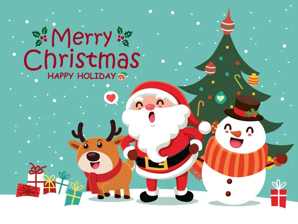 Vintage Noel Poster Tasarımı Ile Vektör Noel Baba Elf Kardan — Stok Vektör