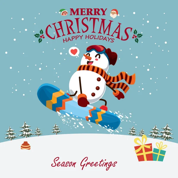 Винтажный Дизайн Рождественского Плаката Векторным Снеговиком Санта Клаусом Эльфийскими Персонажами — стоковый вектор
