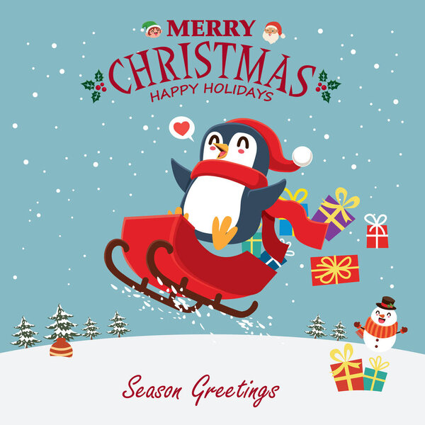 Vintage Christmas poster design with vector penguin, snowman, Santa Claus, elf characters.