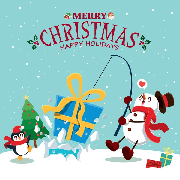 Винтажный Дизайн Рождественского Плаката Векторным Снеговиком Пингвином Санта Клаусом Эльфийскими — стоковый вектор