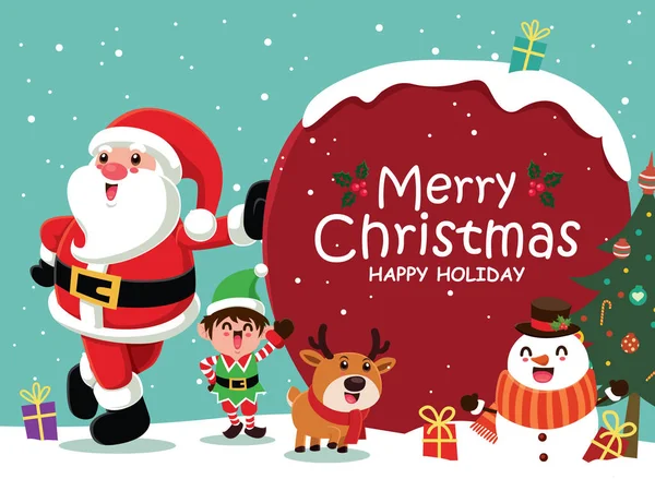 Vintage Christmas Poster Design Vector Snowman Santa Claus Reindeer Elf — Stock Vector