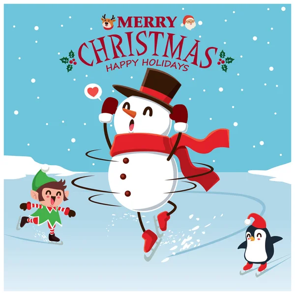 Vintage Christmas Poster Design Vector Snowman Reindeer Penguin Santa Claus — Stock Vector