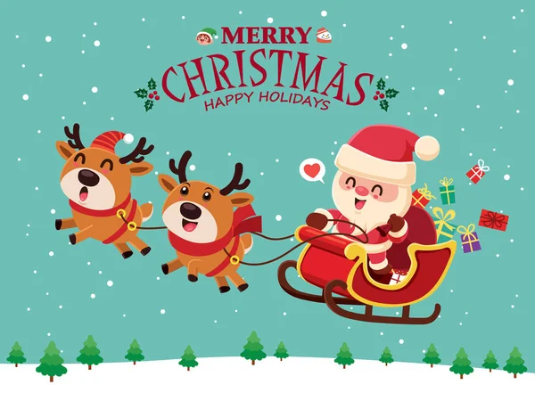 Винтажный Дизайн Рождественского Плаката Векторным Снеговиком Оленями Санта Клаусом Эльфийскими — стоковый вектор