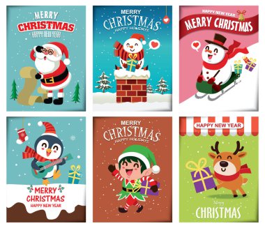Vintage Noel poster tasarım vektör kardan adam, Ren geyiği, Penguen, Noel Baba, elf karakterler.