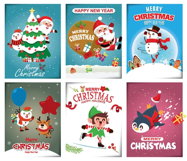 Винтажный Дизайн Рождественского Плаката Векторным Снеговиком Оленями Пингвинами Санта Клаусами — стоковый вектор