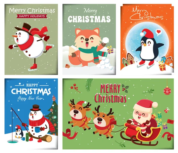 Vintage Christmas Plakat Projekt Vector Bałwana Renifer Pingwin Santa Claus — Wektor stockowy