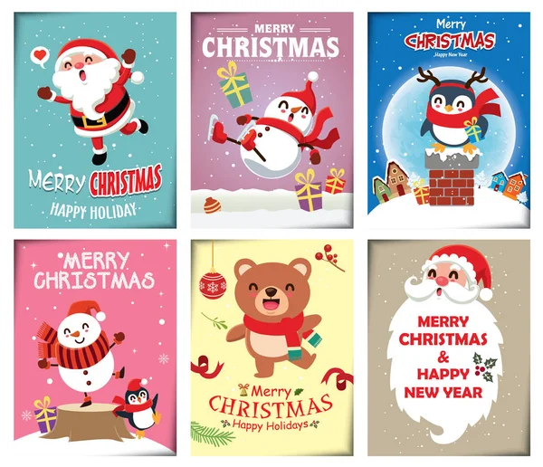 Εκλεκτής Ποιότητας Αφίσα Χριστούγεννα Σχεδιασμό Διάνυσμα Χιονάνθρωπος Τάρανδος Πιγκουίνος Άγιος — Διανυσματικό Αρχείο