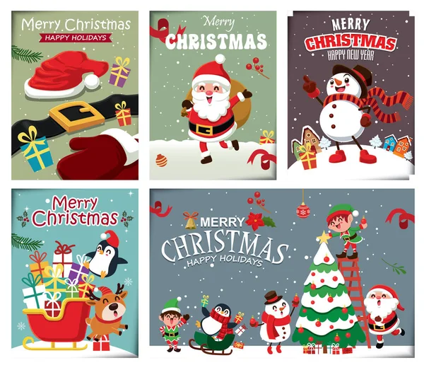 ヴィンテージのクリスマス ポスター デザイン ベクトル スノーマン トナカイ ペンギン サンタ クロース エルフ — ストックベクタ