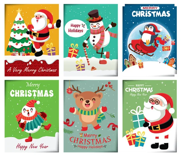 Винтажный Дизайн Рождественского Плаката Векторным Снеговиком Оленями Пингвинами Санта Клаусами — стоковый вектор