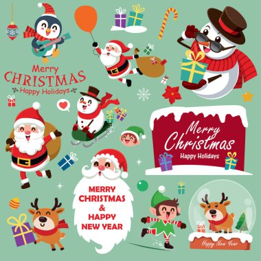 Vintage Noel poster tasarım vektör kardan adam, Ren geyiği, Penguen, Noel Baba, elf, karakterler.