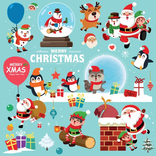 Vintage Kerstaffiche Ontwerp Met Vector Sneeuwpop Rendieren Pinguïn Kerstman Elf — Stockvector