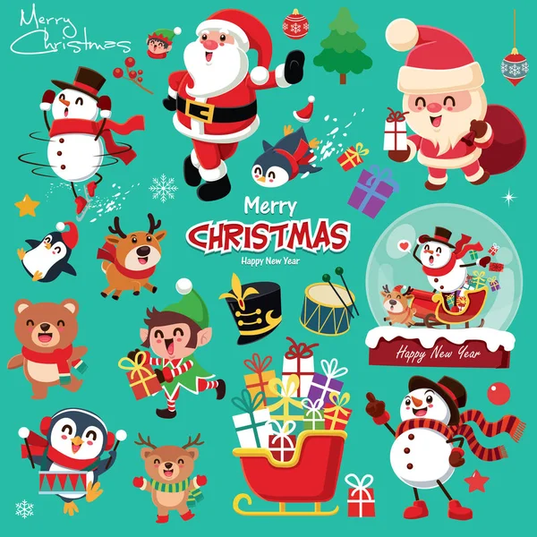 Vintage Kerstaffiche Ontwerp Met Vector Sneeuwpop Rendieren Pinguïn Kerstman Elf — Stockvector