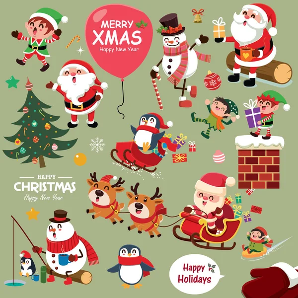 Design Cartaz Natal Vintage Com Boneco Neve Vetorial Renas Pinguim — Vetor de Stock