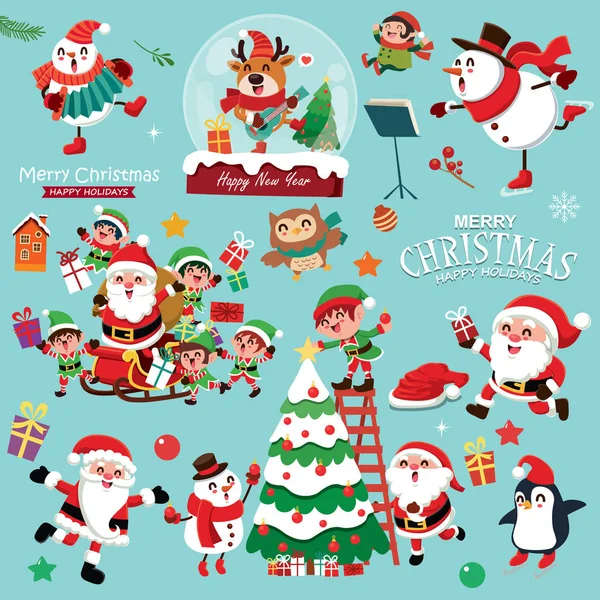 Винтажный Дизайн Рождественского Плаката Векторным Снеговиком Северным Оленем Пингвином Санта — стоковый вектор