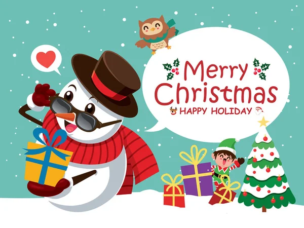 Vintage Christmas Posterontwerp Met Vector Sneeuwpop Kerstman Elf Rendieren Uil — Stockvector