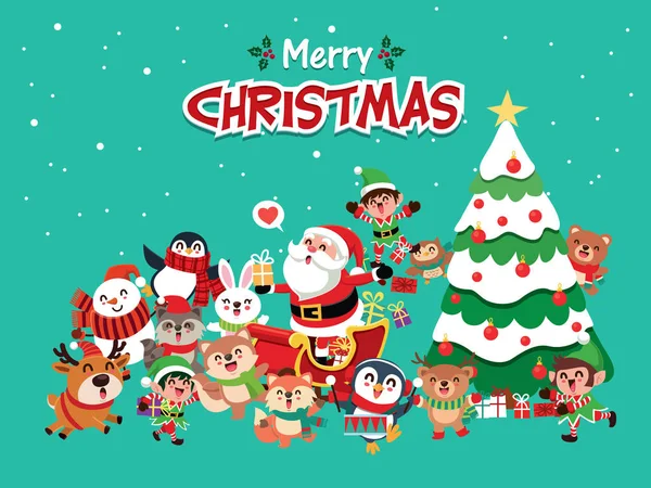 Винтажный Рождественский Плакат Изображением Пингвина Снеговика Санта Клауса Оленя Енота — стоковый вектор