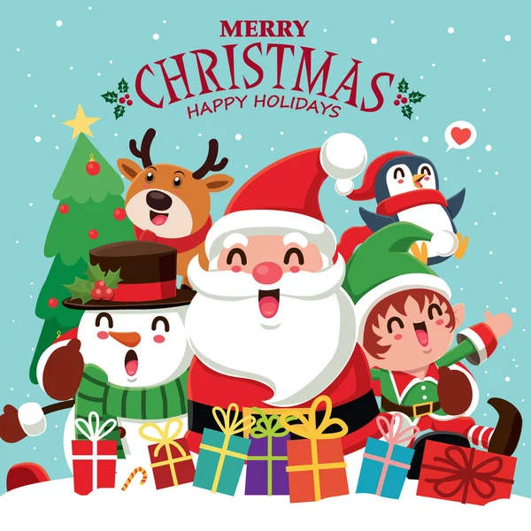 Vintage Vánoční Plakát Design Vektorovou Tučňák Sněhulák Santa Claus Elf — Stockový vektor