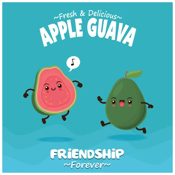 Vintage Fruit Voedsel Posterontwerp Apple Guava Caractère — Stockvector