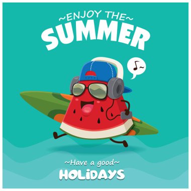 Vintage yaz poster tasarımı vektör karpuz, sörf tahtası ve Güneş gözlükleri karakterler ile.