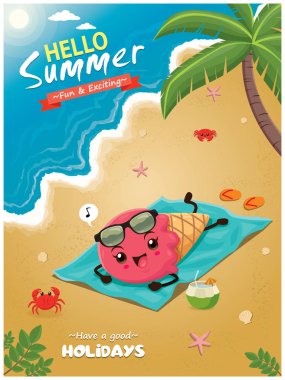 Vintage yaz poster tasarımı vektör dondurma karakterlerle.