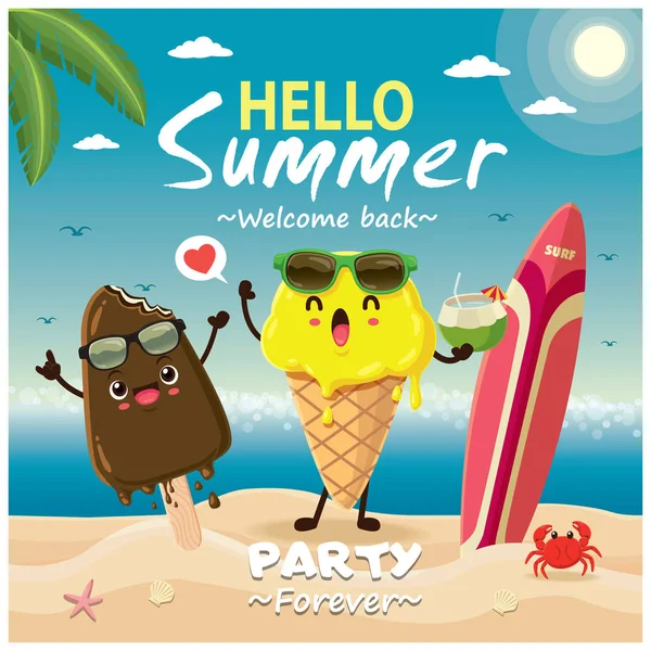 复古夏季海报设计与矢量冰淇淋字符 — 图库矢量图片