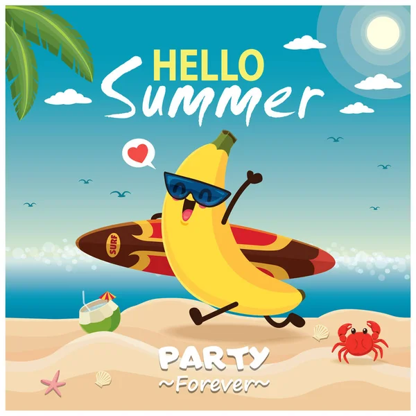 复古夏季海报设计与矢量香蕉和冲浪板字符 — 图库矢量图片
