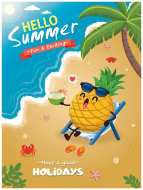 Vintage yaz poster tasarımı vektör ananas ve Güneş gözlükleri karakterler ile.