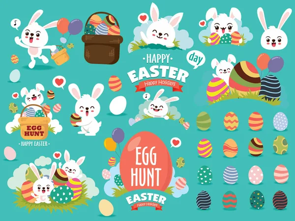 Vintage Easter Egg Poster Design Con Personaggio Coniglietto Vettoriale Pasqua — Vettoriale Stock